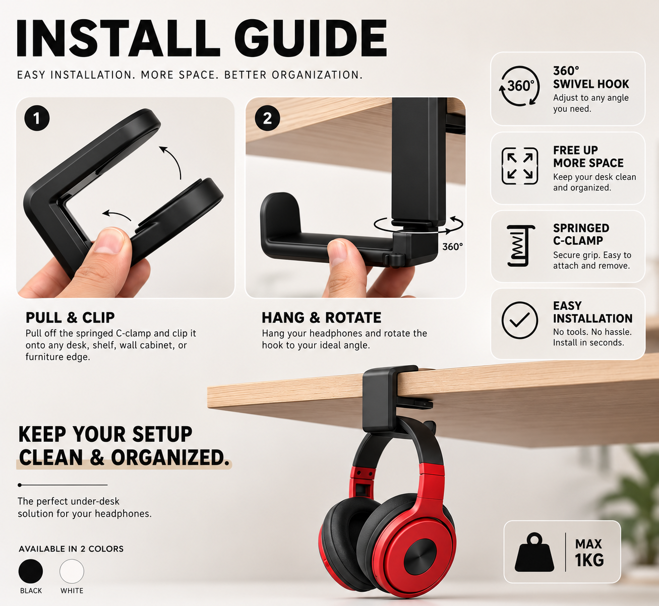 Zentro HangPro™ – Under-Desk Headphone Hook